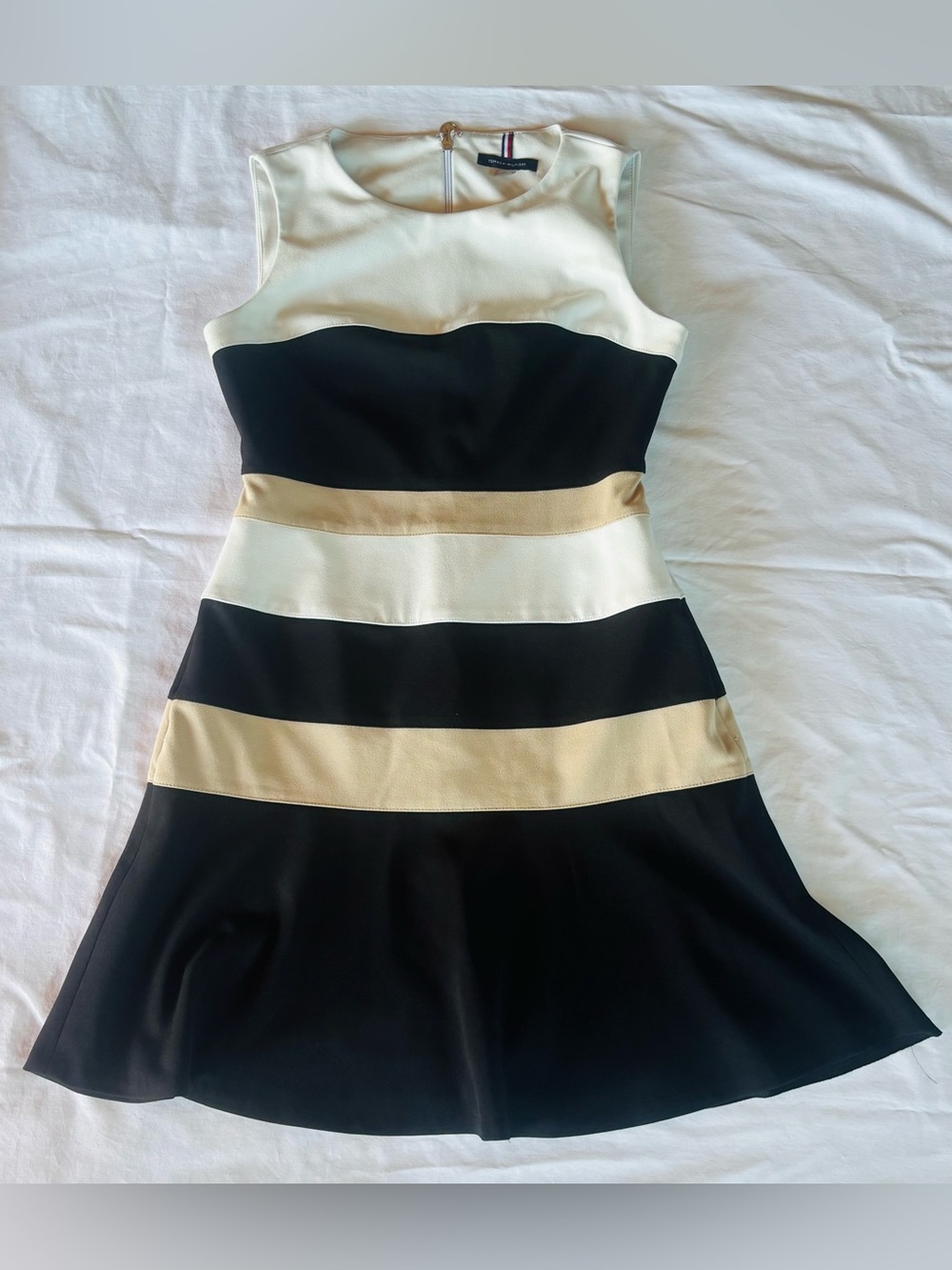Tommy Hilfiger Black, White & Beige Striped Fit-and-Flare Mini Dress